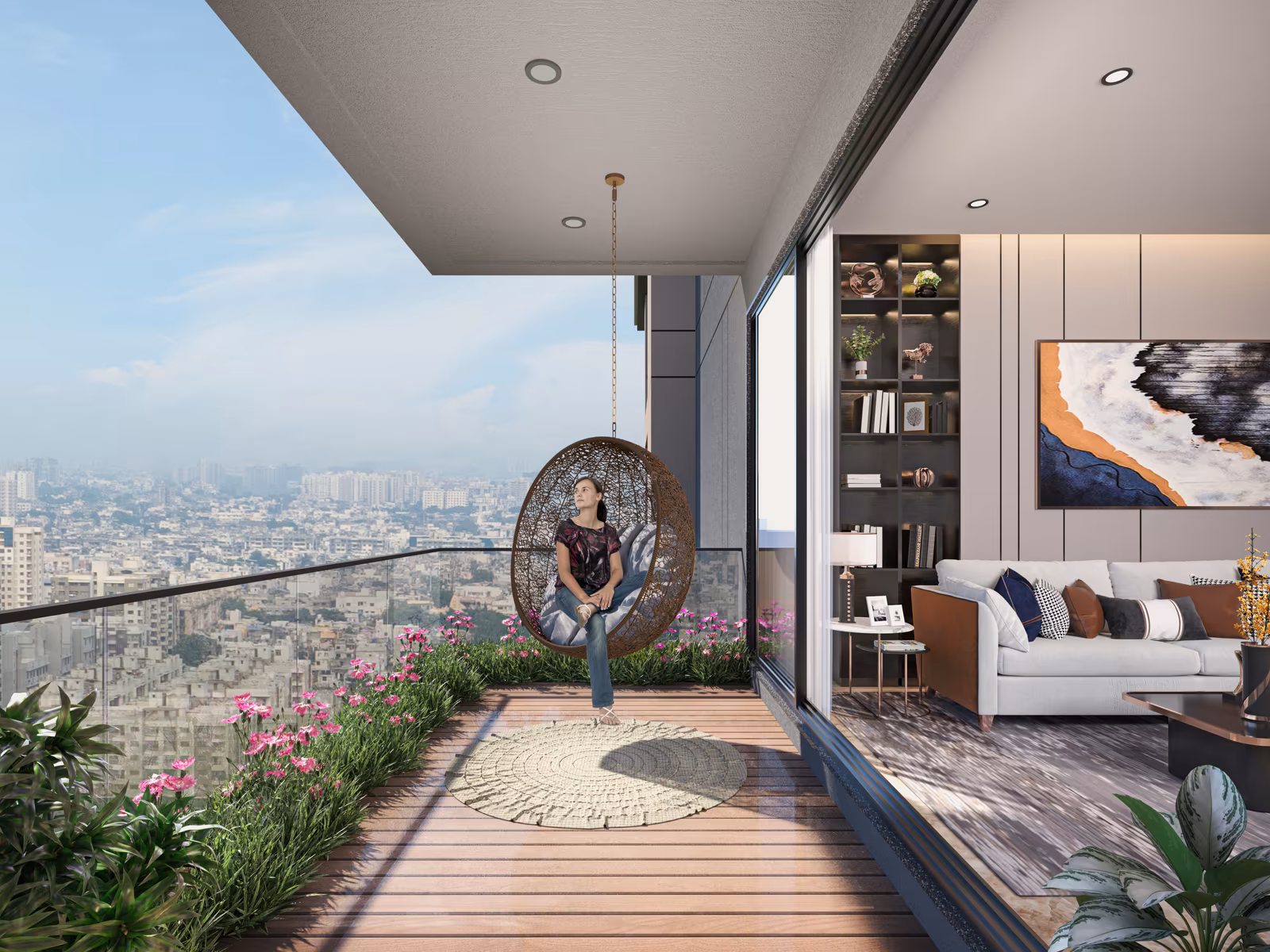 Infinity Sky balcony deck offering a refined outdoor seating experience in a luxury apartment