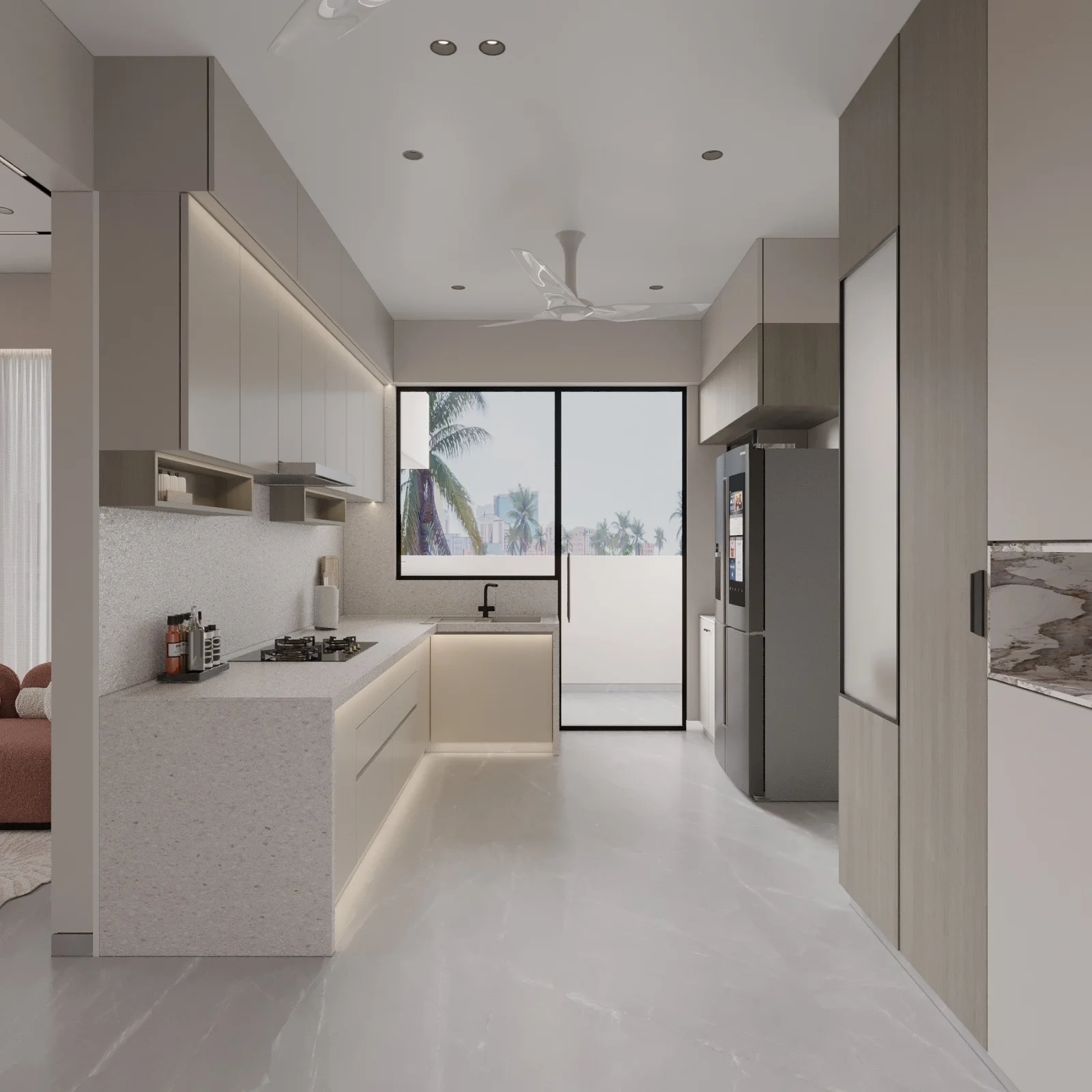 Infinity Sky open kitchen and living area with modern cabinetry and warm lighting