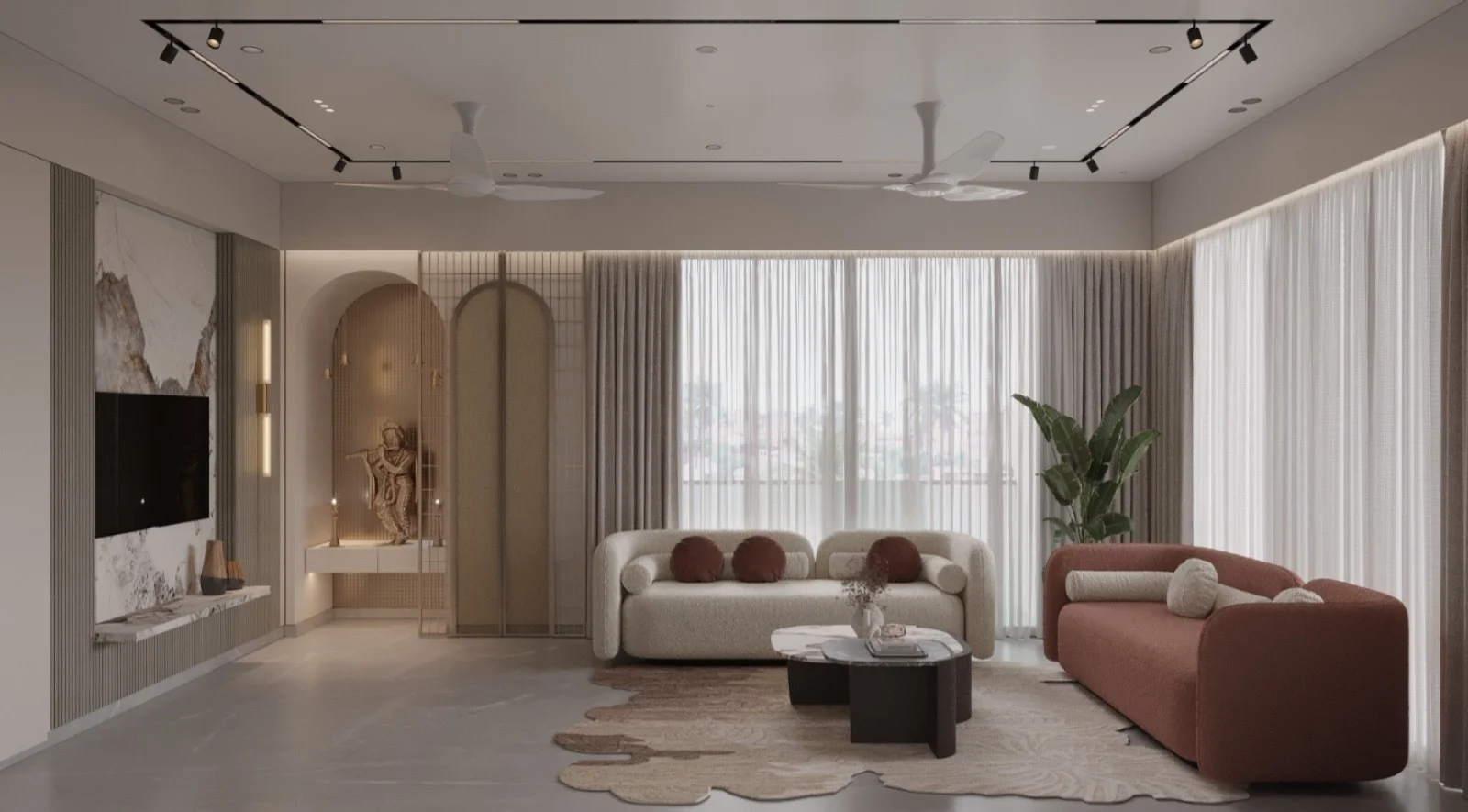 Infinity Sky full living room with premium furnishings and bright open layout